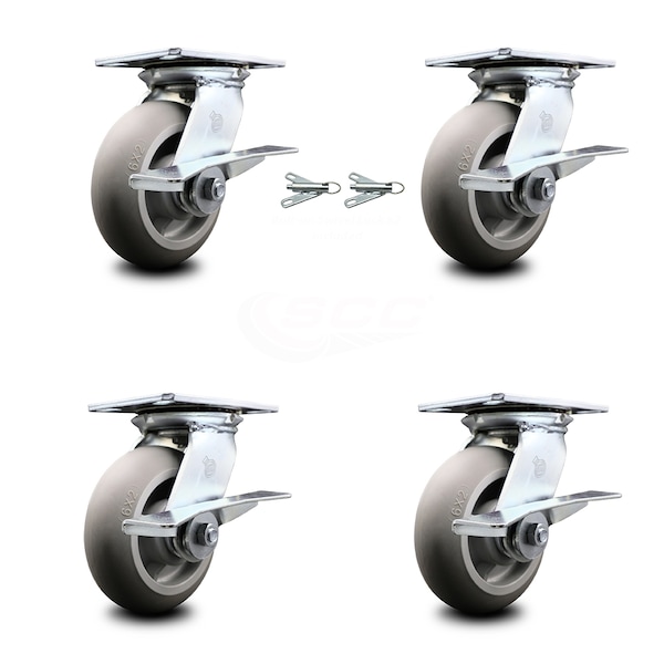 Service Caster 6 Inch Thermoplastic Caster Set with Roller Bearing 4 Brake and 2 Swivel Lock SCC-35S620-TPRRD-SLB-BSL-2-SLB-2 - main